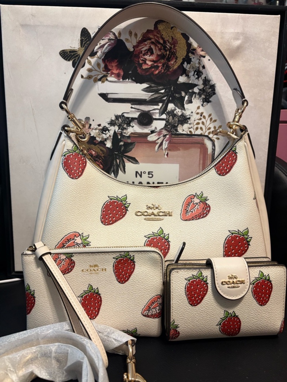 Coach White Strawberry Print Leather Shoulder Bag with Wallets